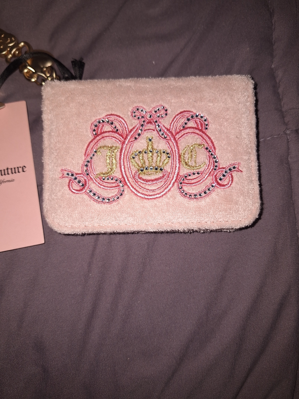 Juicy Couture Blush Pink Plush Embroidered Card Wallet with Gold Crest EXCLUSIVE